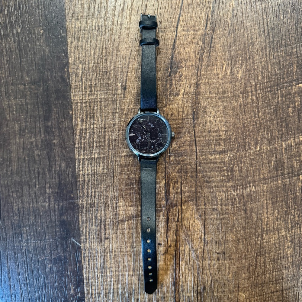 Francesca’s Black Leather Strap with black marble face and silver accents Watch